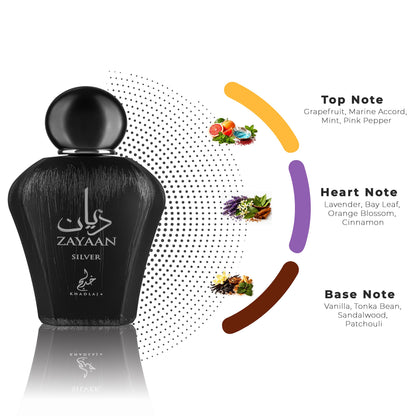 Khadlaj Zayaan Silver 100ml Eau de Parfum for Men fragrance notes infographic